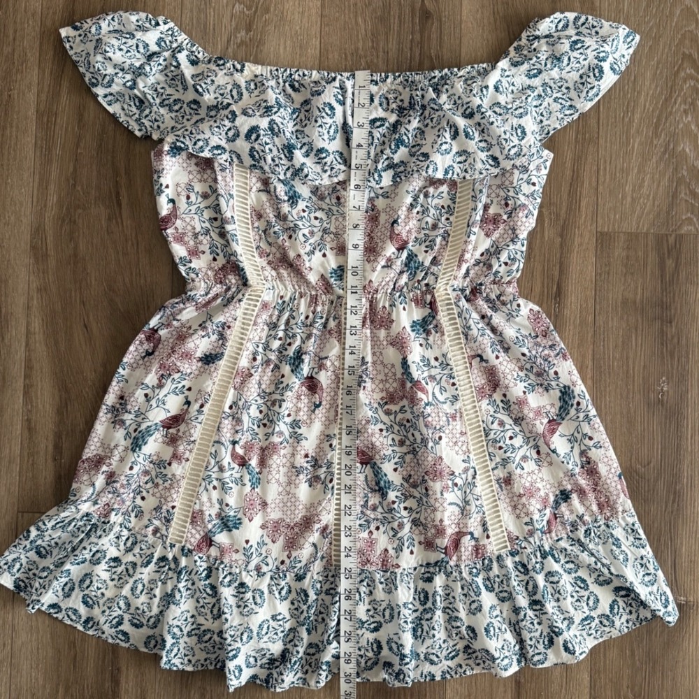 Tularosa Peacock Floral Off Shoulder Cotton Mini Dress White Blue Burgundy XL - Picture 6 of 7